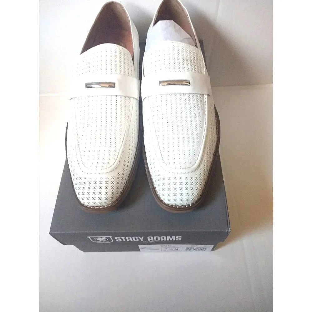 New! STACY ADAMS Belvan Leather Moc Toe Men's Shoes Slip-on White Size 7.5